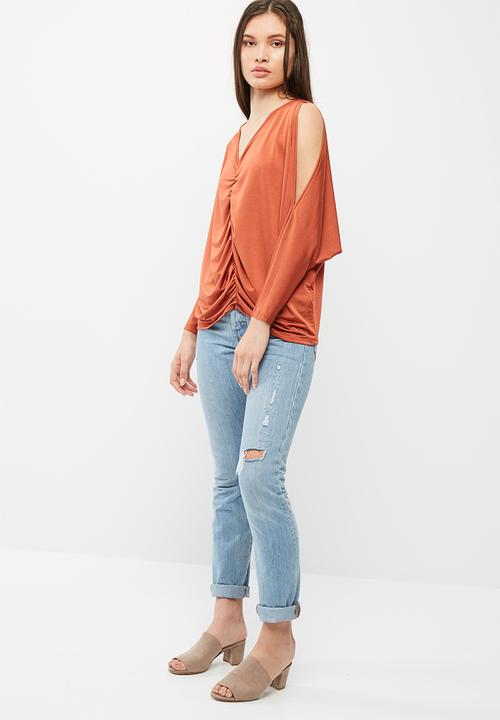 dailyfriday - Ruched front cold shoulder knit top