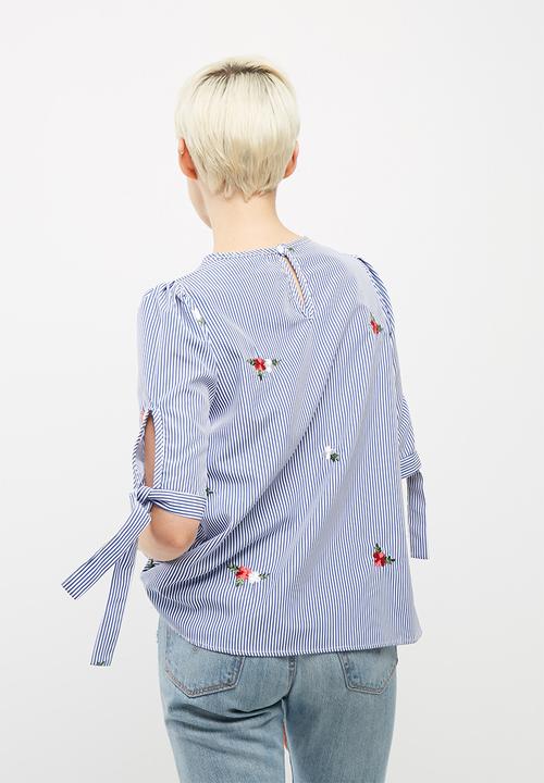 dailyfriday - Poplin stripe embroidered tie sleeve blouse