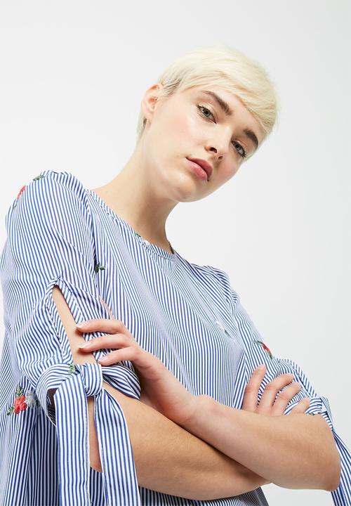 dailyfriday - Poplin stripe embroidered tie sleeve blouse