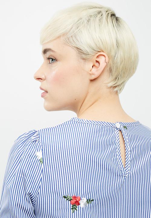 dailyfriday - Poplin stripe embroidered tie sleeve blouse