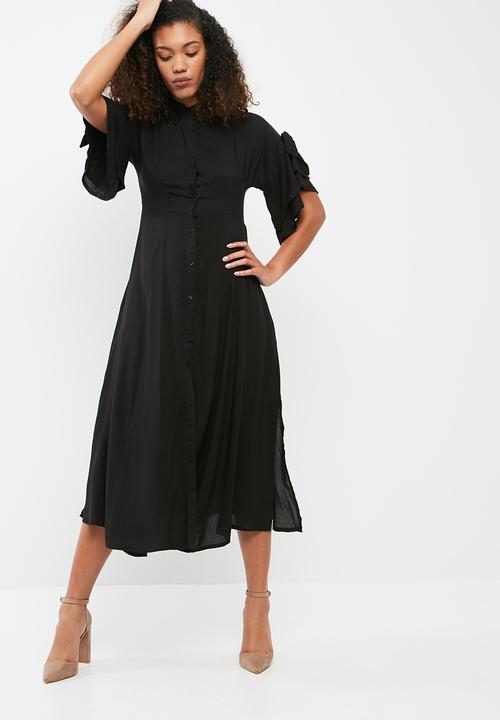 black button through midi dress