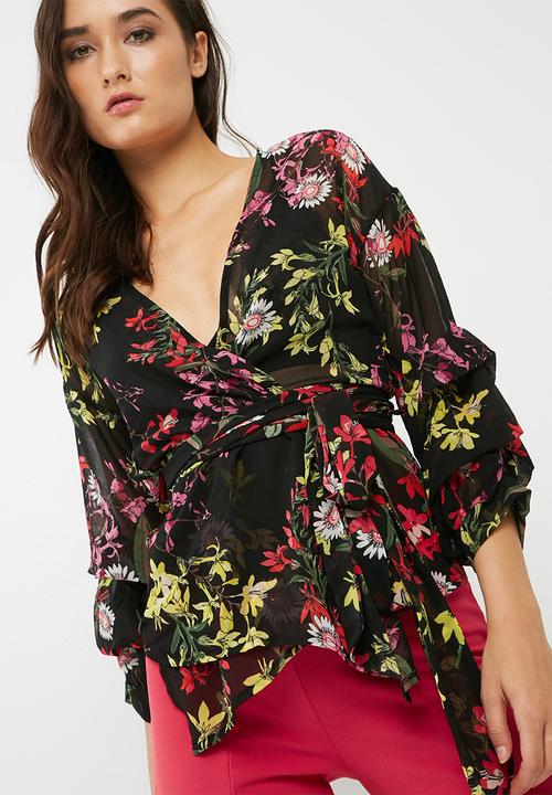 Missguided - Floral print wrap tie blouse