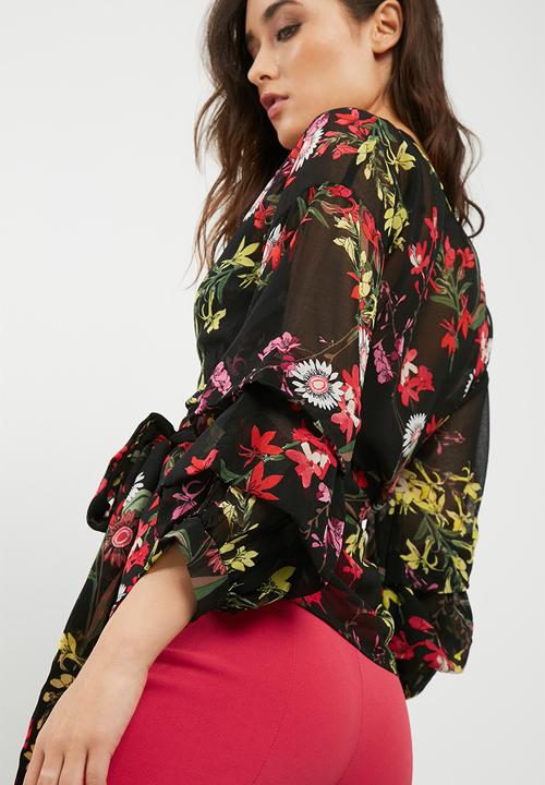 Missguided - Floral print wrap tie blouse
