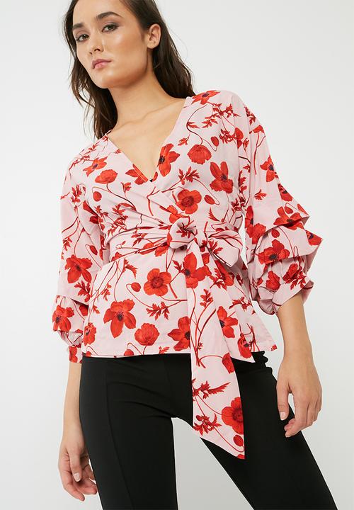 Missguided - Poppy print wrap tie blouse