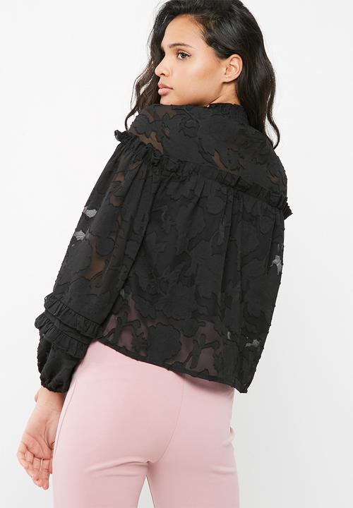 Missguided - Sheer mesh floral high neck gathered long sleeve top