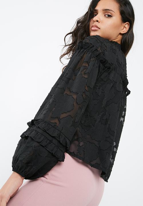Missguided - Sheer mesh floral high neck gathered long sleeve top