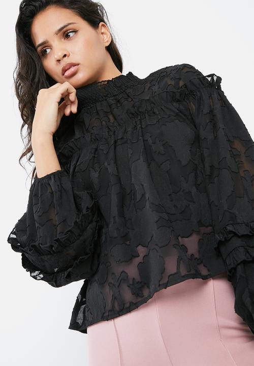 Missguided - Sheer mesh floral high neck gathered long sleeve top