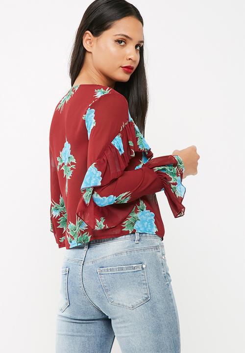 Missguided - Print long sleeve frilled blouse