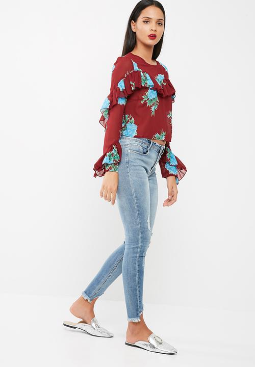 Missguided - Print long sleeve frilled blouse