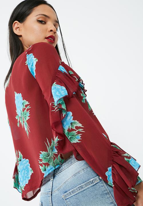 Missguided - Print long sleeve frilled blouse