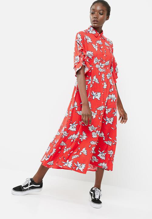 red button through midi dress