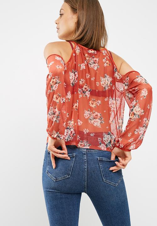 New Look - Esme printed mesh cold shoulder blouse