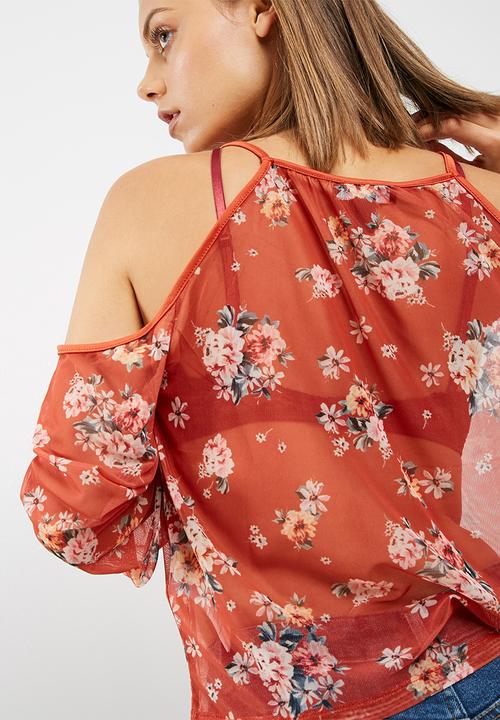 New Look - Esme printed mesh cold shoulder blouse