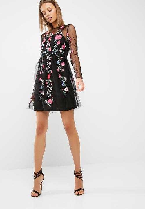 black floral embroidered mesh dress