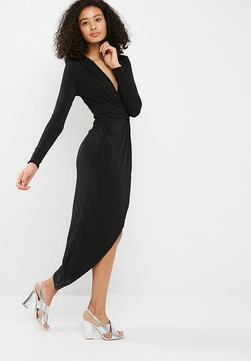 Missguided - Slinky plunge wrap longsleeve split maxi