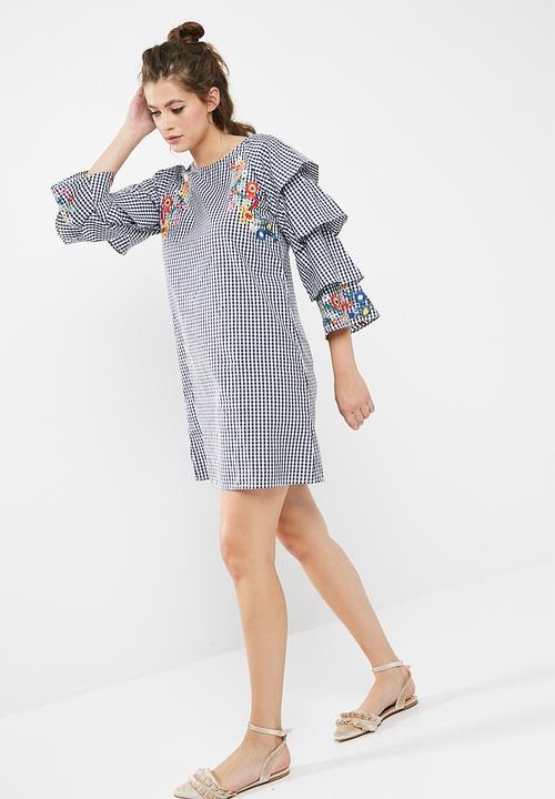 dailyfriday - Flower embroidered gingham frill dress
