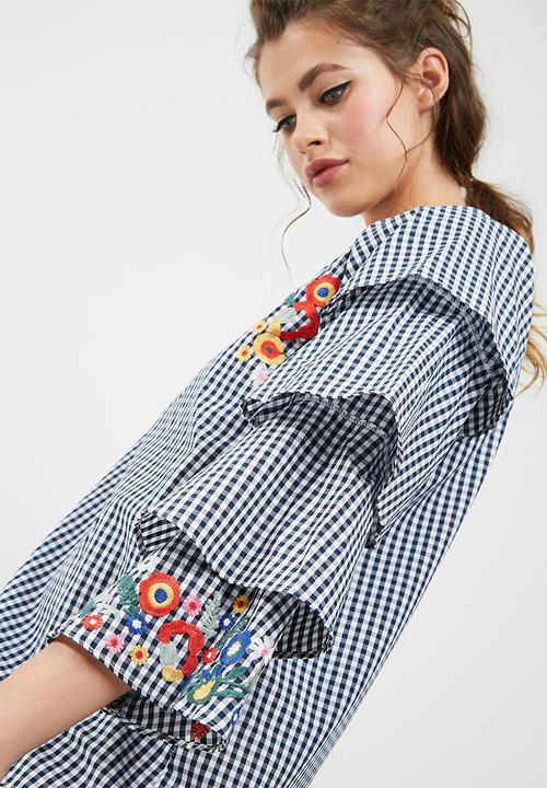 dailyfriday - Flower embroidered gingham frill dress