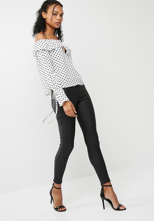 Missguided - Polka dot print bardot tie detail ruffle blouse