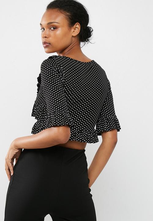 Missguided - Black wrap polka dot frill crop top
