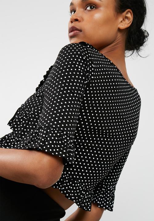 Missguided - Black wrap polka dot frill crop top