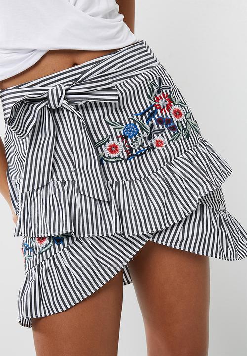 dailyfriday - Flower embroidered stripe frill skirt