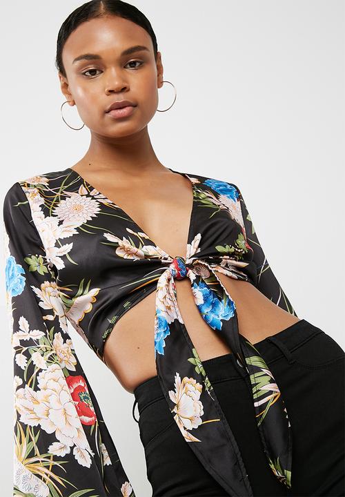 Missguided - Satin floral wrap front top