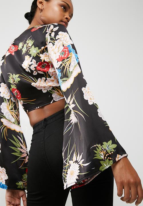 Missguided - Satin floral wrap front top