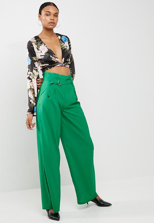 Missguided - Paper bag waist wide leg trousers - green