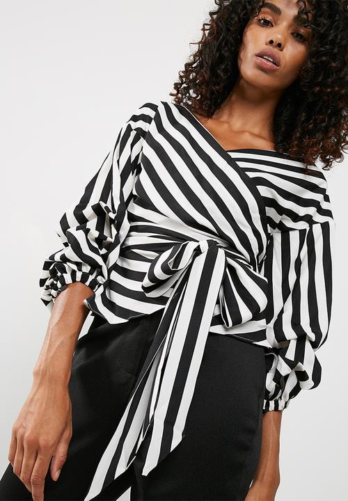 Missguided - Striped puffball sleeves tie waist blouse