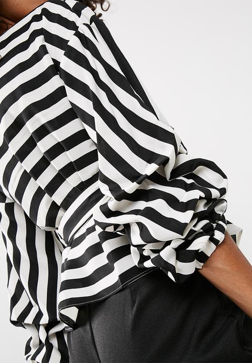 Missguided - Striped puffball sleeves tie waist blouse