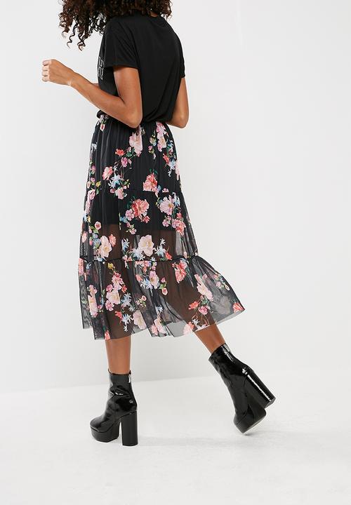 Missguided - Floral mesh frill hem midi skirt