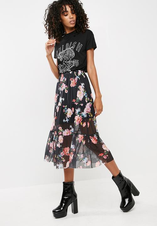 Missguided - Floral mesh frill hem midi skirt