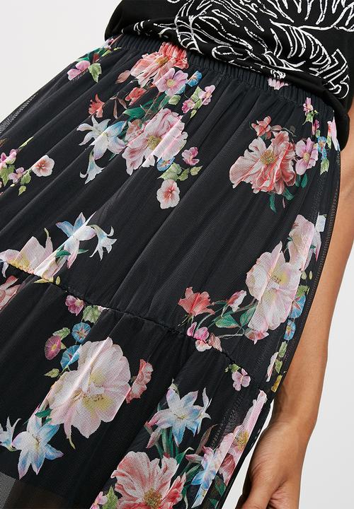 Missguided - Floral mesh frill hem midi skirt