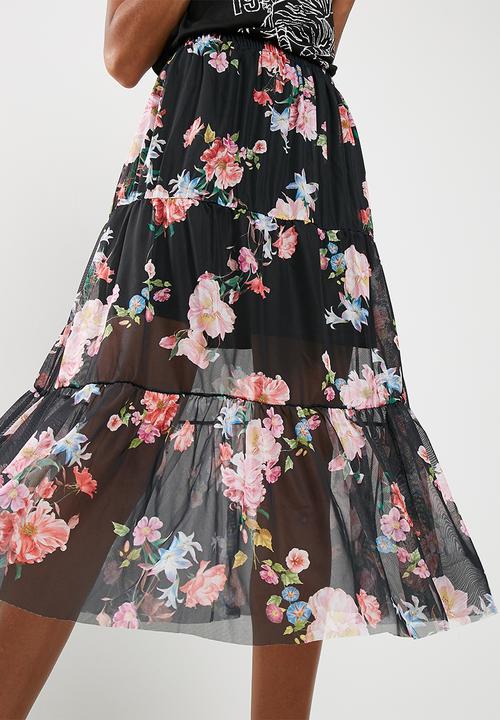 Missguided - Floral mesh frill hem midi skirt