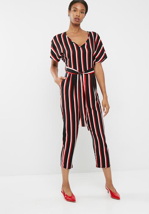 red and black striped jumpsuit