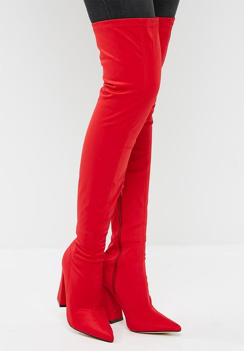 red lycra thigh high boots