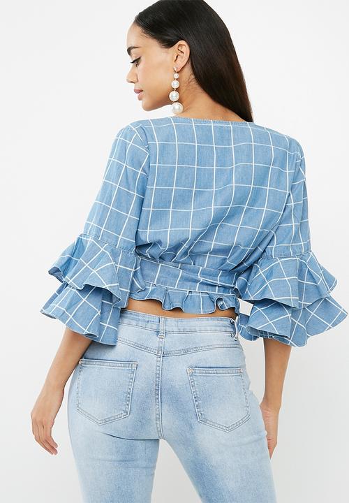 Missguided - Check wrap around tie waist denim blouse
