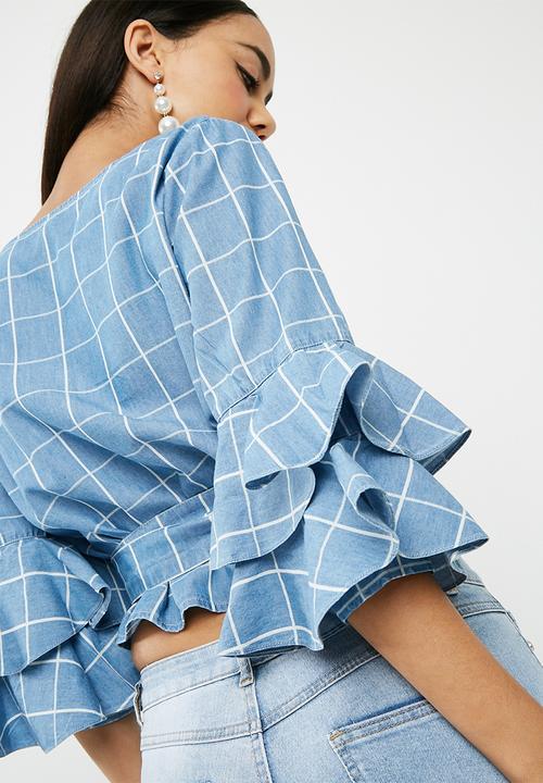 Missguided - Check wrap around tie waist denim blouse