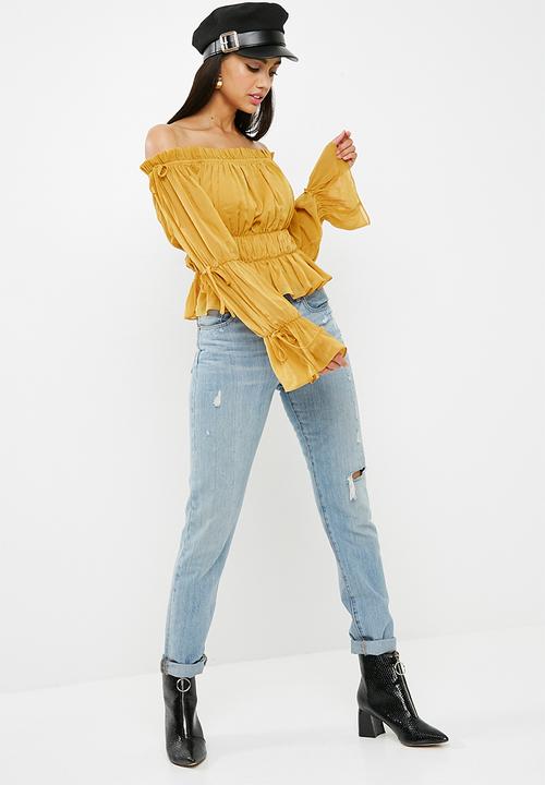 Missguided - Gathered bardot shirred waist top - mustard