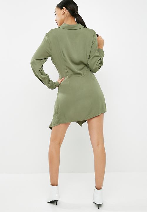 Missguided - Asymmetric knot front shirt dress - khaki