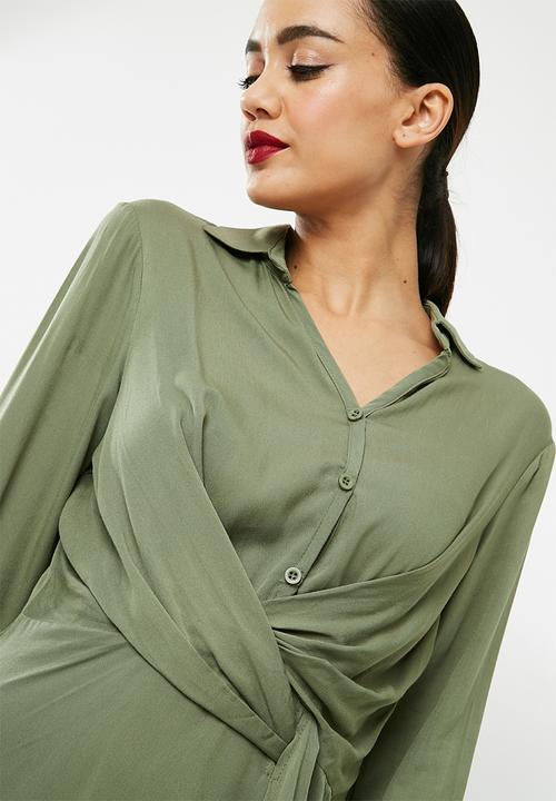 Missguided - Asymmetric knot front shirt dress - khaki