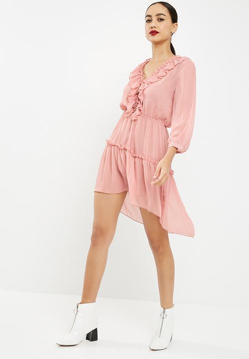 Missguided - Chiffon frill detail long sleeve dress - pink