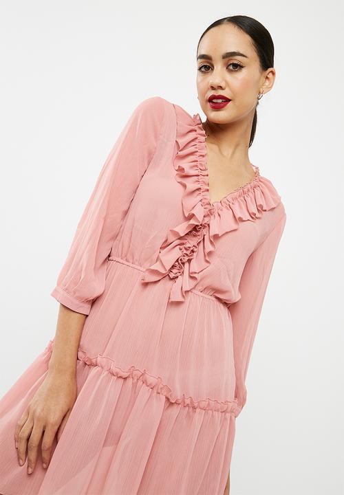 Missguided - Chiffon frill detail long sleeve dress - pink