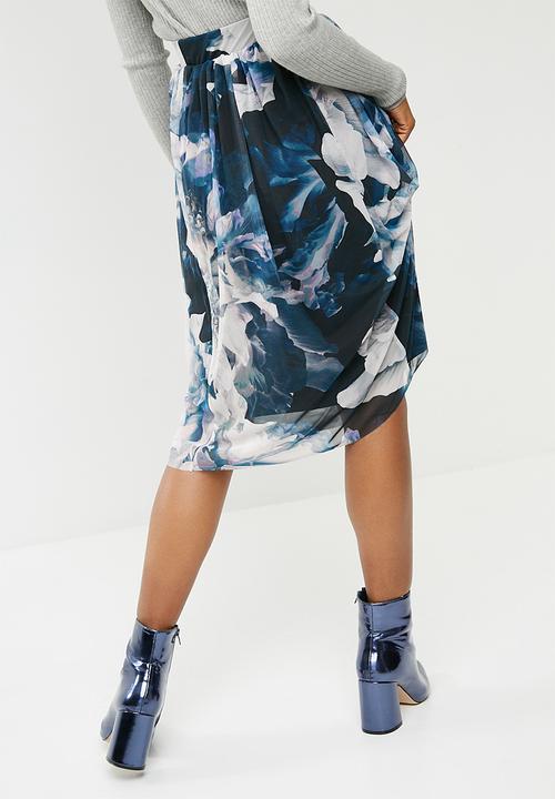 Vero Moda - Lago floral mesh midi skirt - white & blue