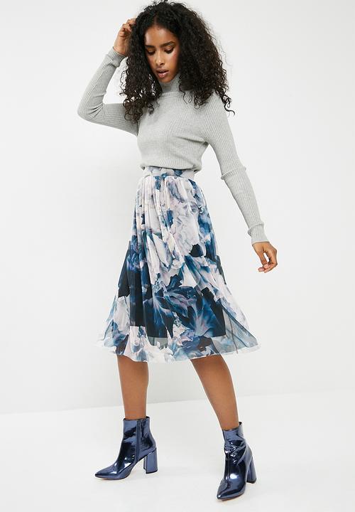 Vero Moda - Lago floral mesh midi skirt - white & blue