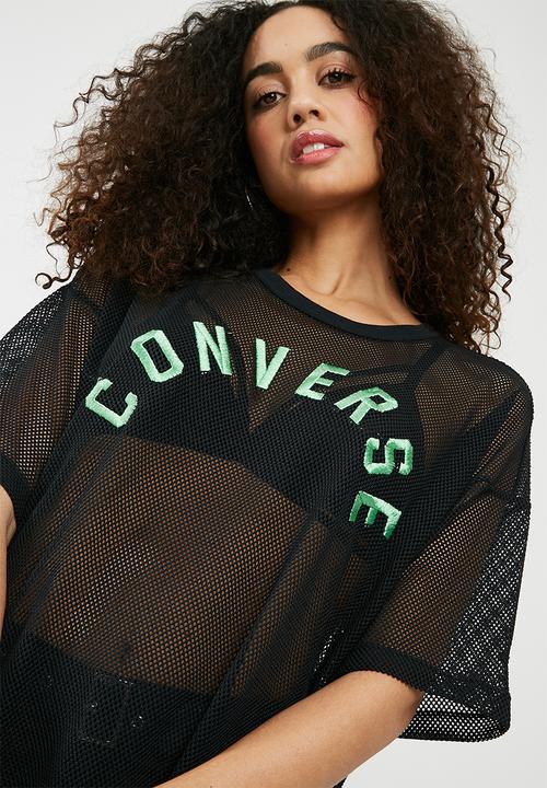 Converse - Embroidered mesh boxy tee - black
