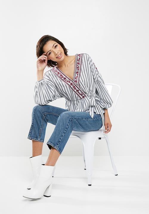 New Look - Jacob striped embroidered wrap top - blue 