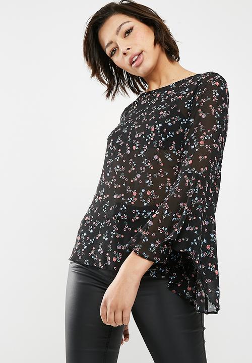 New Look - Sonia floral frill long sleeve top - black 