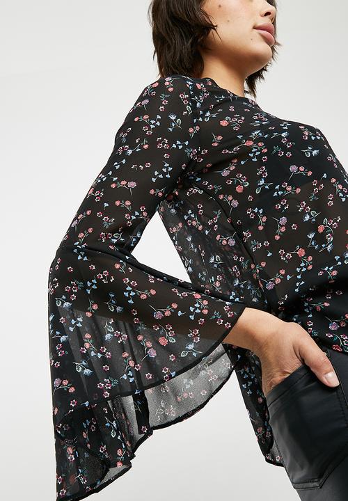 New Look - Sonia floral frill long sleeve top - black 