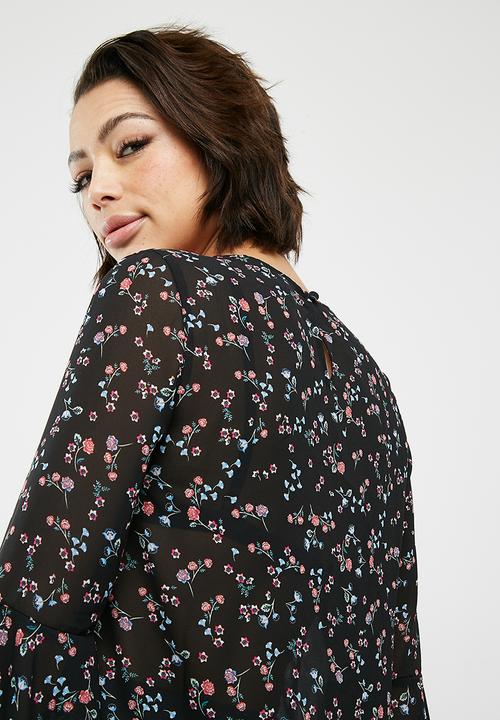 New Look - Sonia floral frill long sleeve top - black 